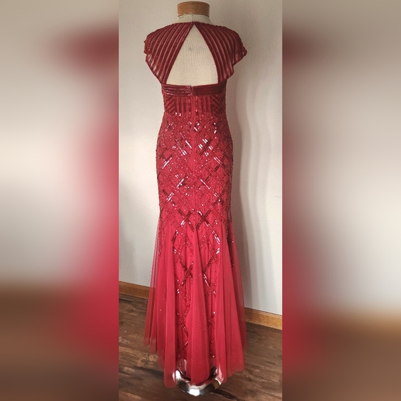 Beaded Adrianna Papell Cap Sleeve Square Neck Claret Red Dress Gown 6p - Picture 6 of 16